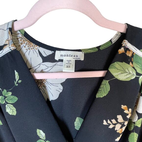 Monteau Black Floral‎ Wrap Front Tie Waist Women’s Floral Size XS Midi Dress - Picture 5 of 10